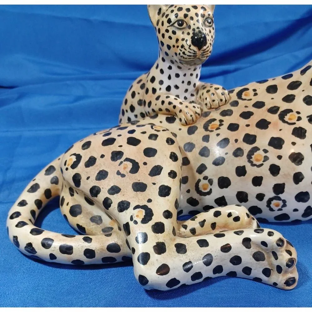 Vtg 19.5" Ronzan Cheetah Leopard Cat Cub Sculpture Statue Italy Cerami… - Picture 9 of 16